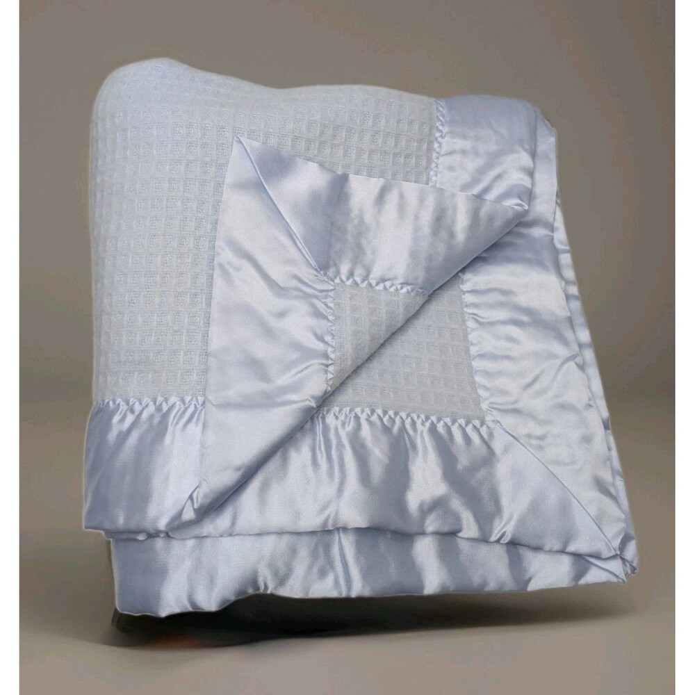 Chatham Waffle Knit Satin Trim Baby Blanket BLUE Vintage Morgan USA Made
